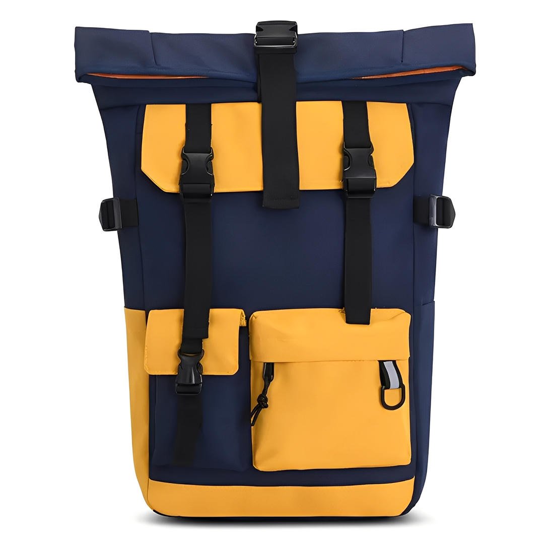 Sac à dos de voyage vintage bleu et jaune avec plusieurs poches et bretelles ajustables
