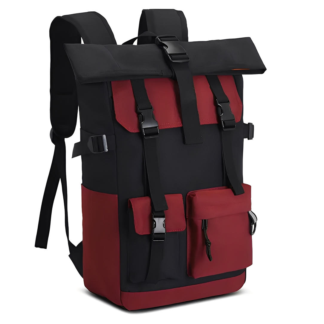 Sac à dos de voyage vintage noir et rouge avec plusieurs poches et boucles