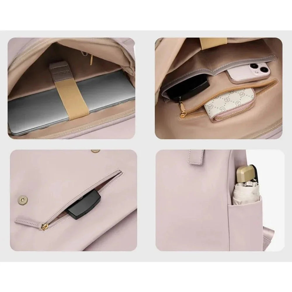 Sac à dos déperlant femme violet clair avec plusieurs compartiments pour ordinateur, téléphone, portefeuille et parapluie