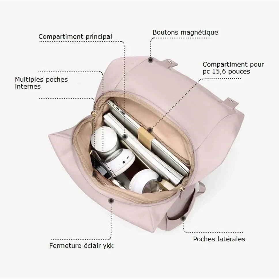 Sac à dos déperlant femme rose clair avec compartiments, poche ordinateur 15.6