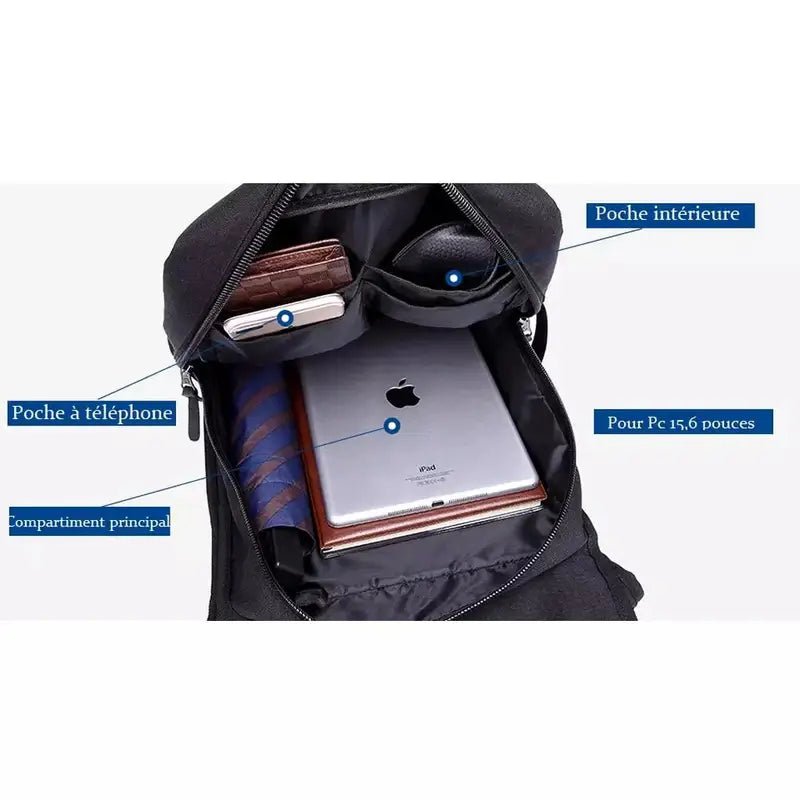 Sac à dos design noir ouvert avec compartiments pour téléphone, portefeuille, tablette et ordinateur portable 15.6 pouces