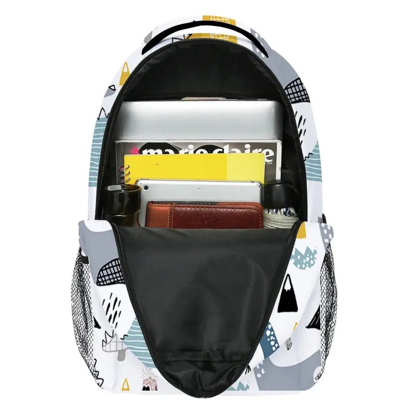 Sac à dos dinosaure maternelle blanc avec motif montagne abstrait et intérieur organisé