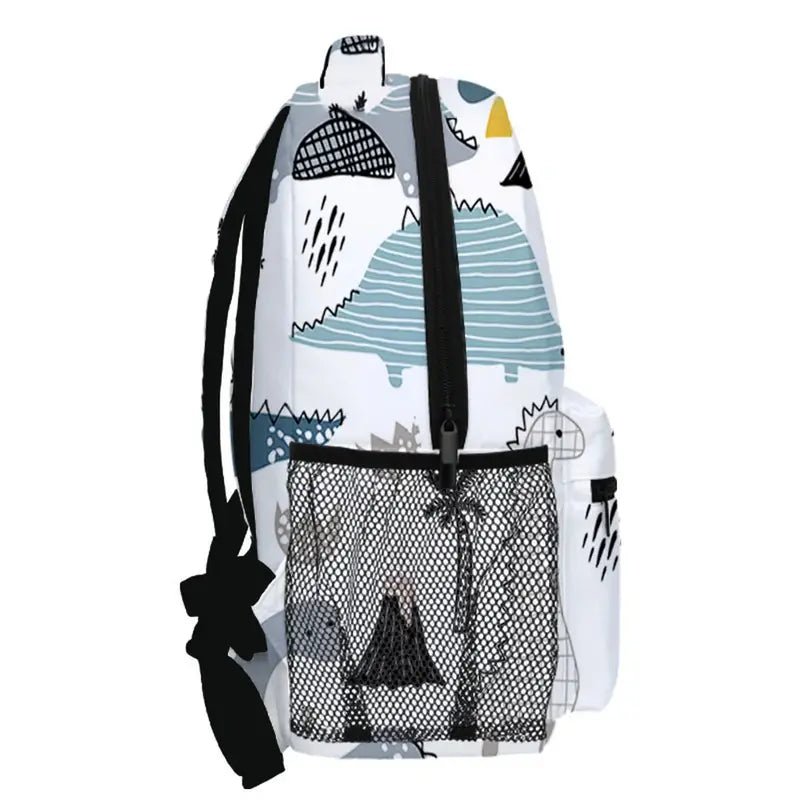 Sac à dos dinosaure maternelle blanc avec motif abstrait, poche latérale en mesh
