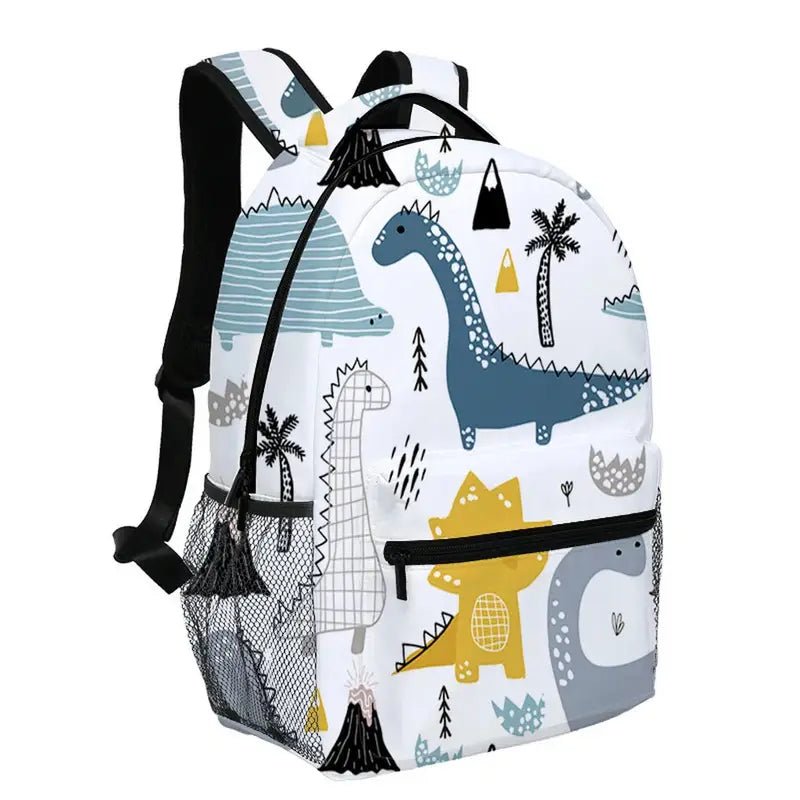 Sac à dos dinosaure maternelle blanc avec motif de dinosaure joueur et volcan