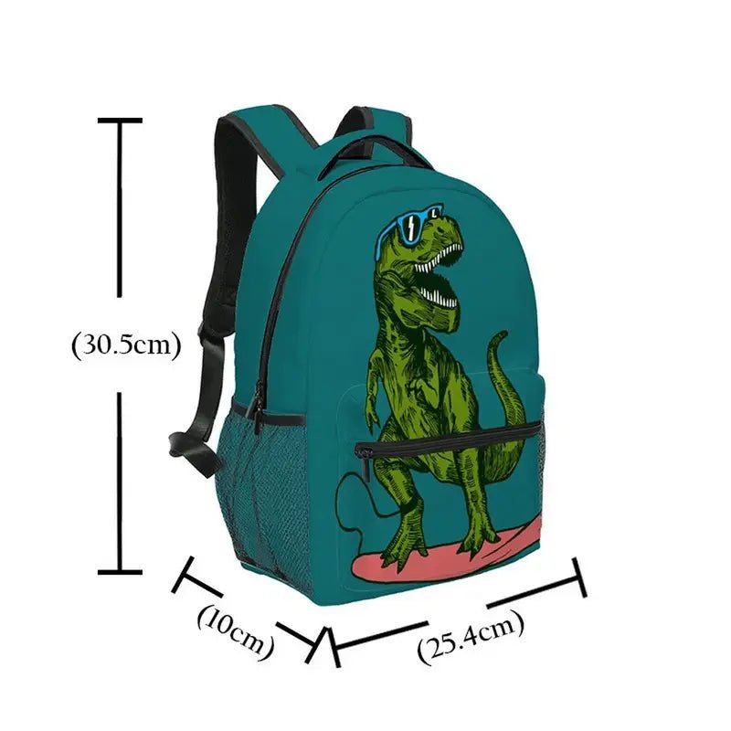 Sac à dos dinosaure maternelle en teal avec graphique de dinosaure en skateboard
