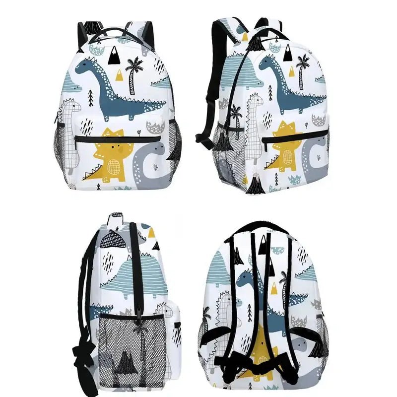 Quatre vues d’un sac à dos dinosaure blanc pour maternelle avec imprimé de dinosaures