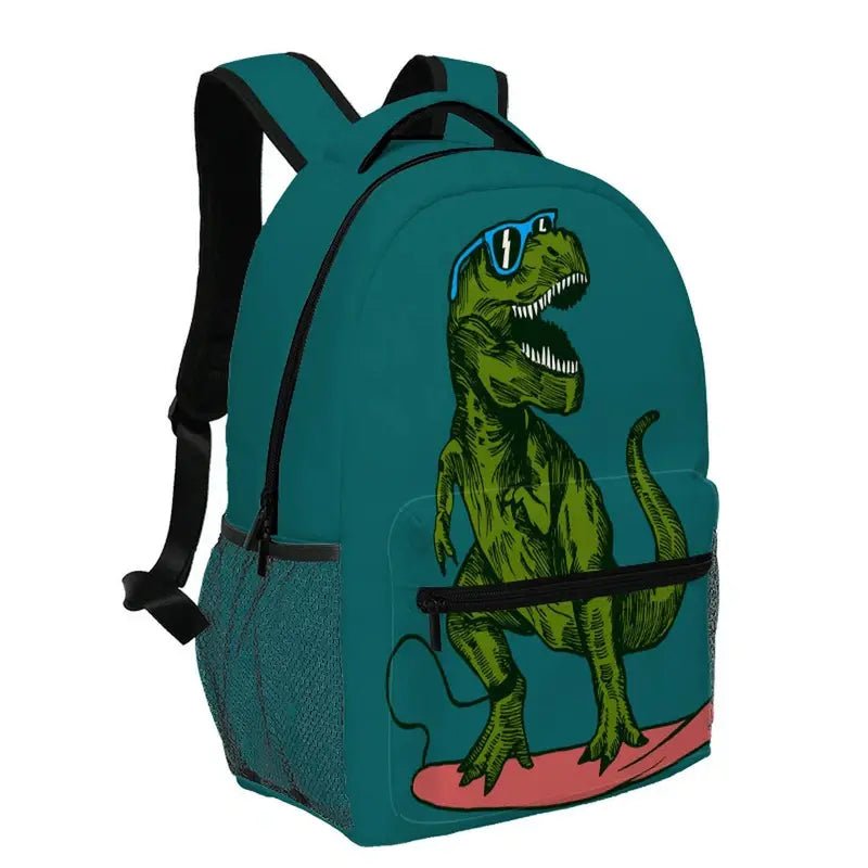 Sac à dos dinosaure maternelle teal avec lunettes de soleil et skateboard pour enfant