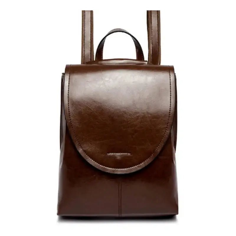 Sac à dos élégant en similicuir en cuir brillant brun foncé avec fermeture incurvée