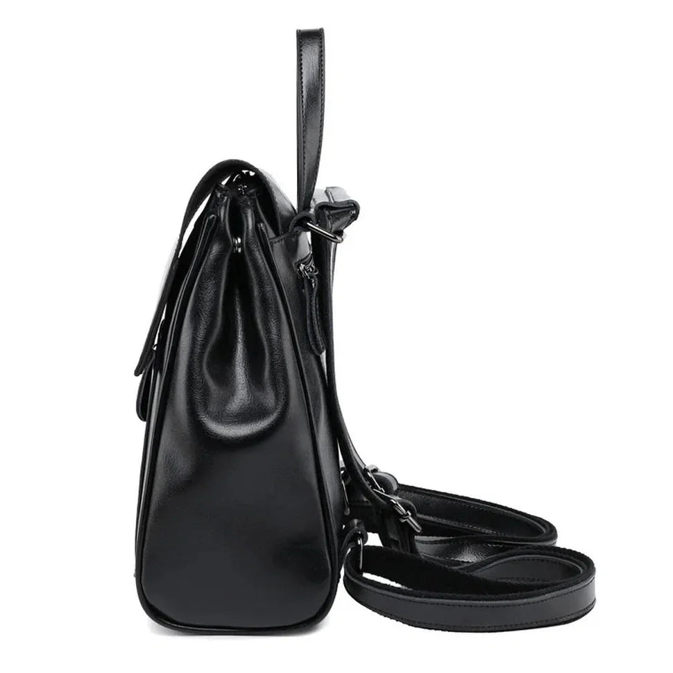 Sac à dos en cuir de vachette avec sac en cuir noir brillant, poignée supérieure et bandoulière réglable
