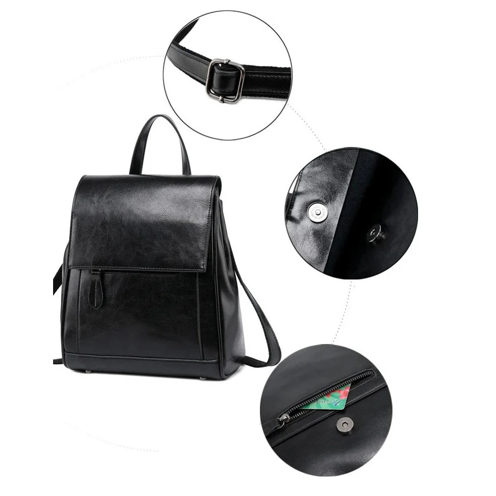 Sac à dos en cuir de vachette noir avec bandoulière ajustable et poches zippées