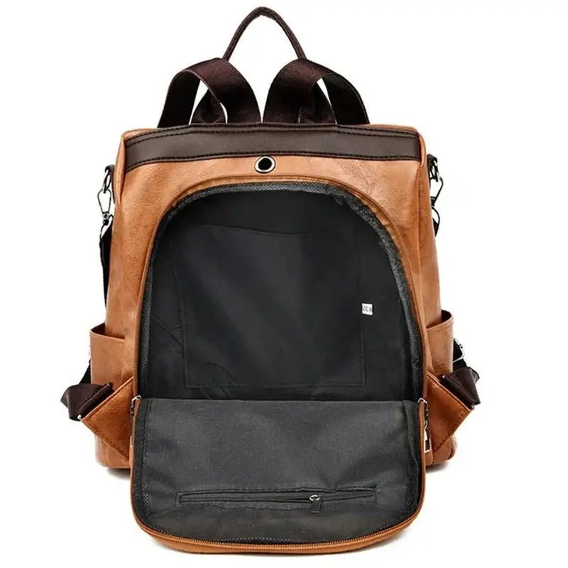 Sac à dos en cuir femme tendance avec intérieur noir et poches visibles