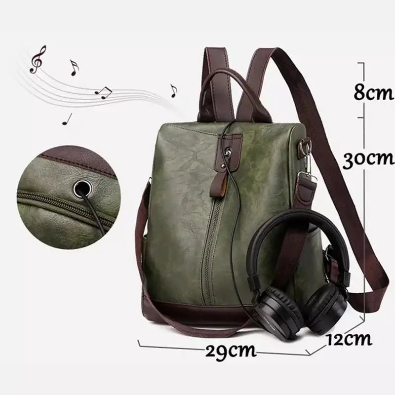 Sac à dos en cuir femme tendance vert faux avec port casque et bandoulière détachable