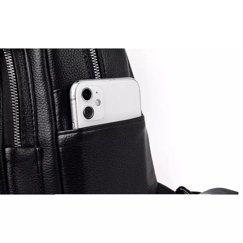 Sac à dos en cuir noir pour femme avec poche pour téléphone élégant et pratique