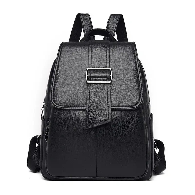 Sac à dos en cuir noir pour femme avec rabat et boucle, style élégant et pratique