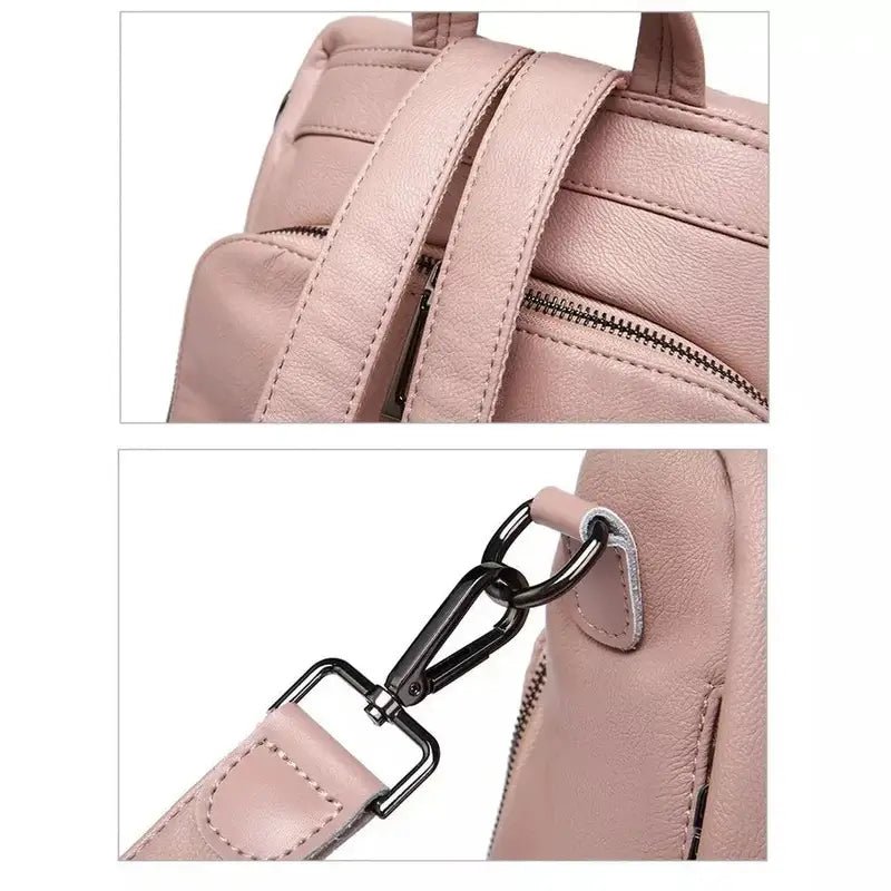 Sac à dos en cuir rose pour femme avec bretelles réglables et bandoulière détachable