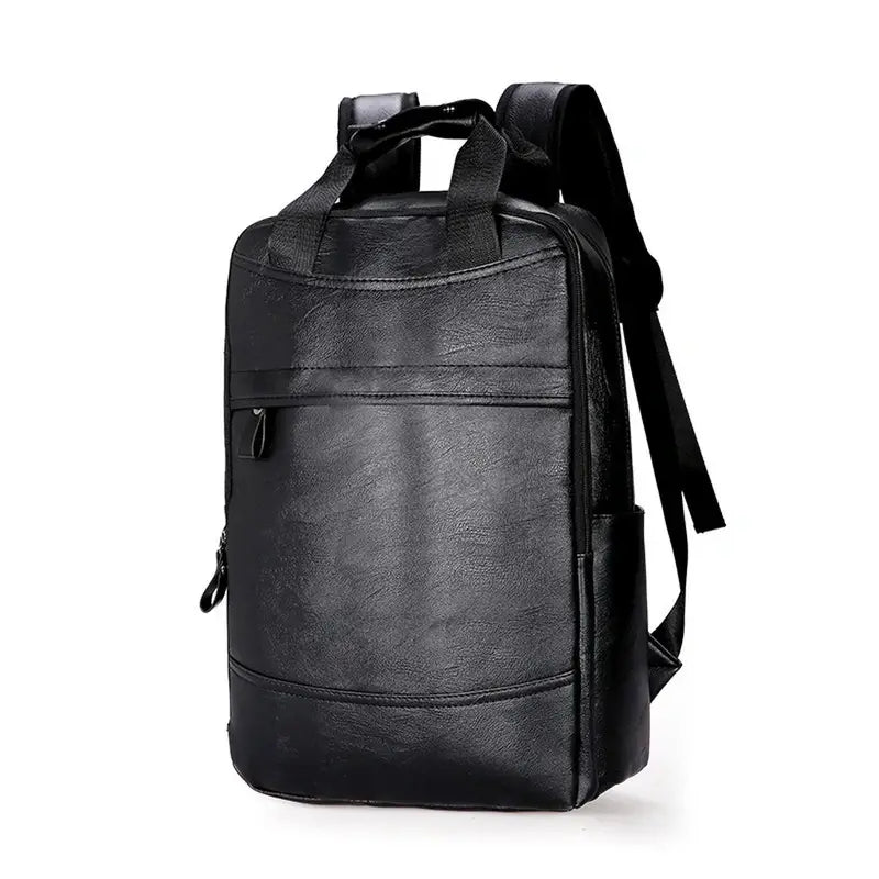 Sac à dos en cuir pour homme noir avec poche zippée frontale et poignées supérieures