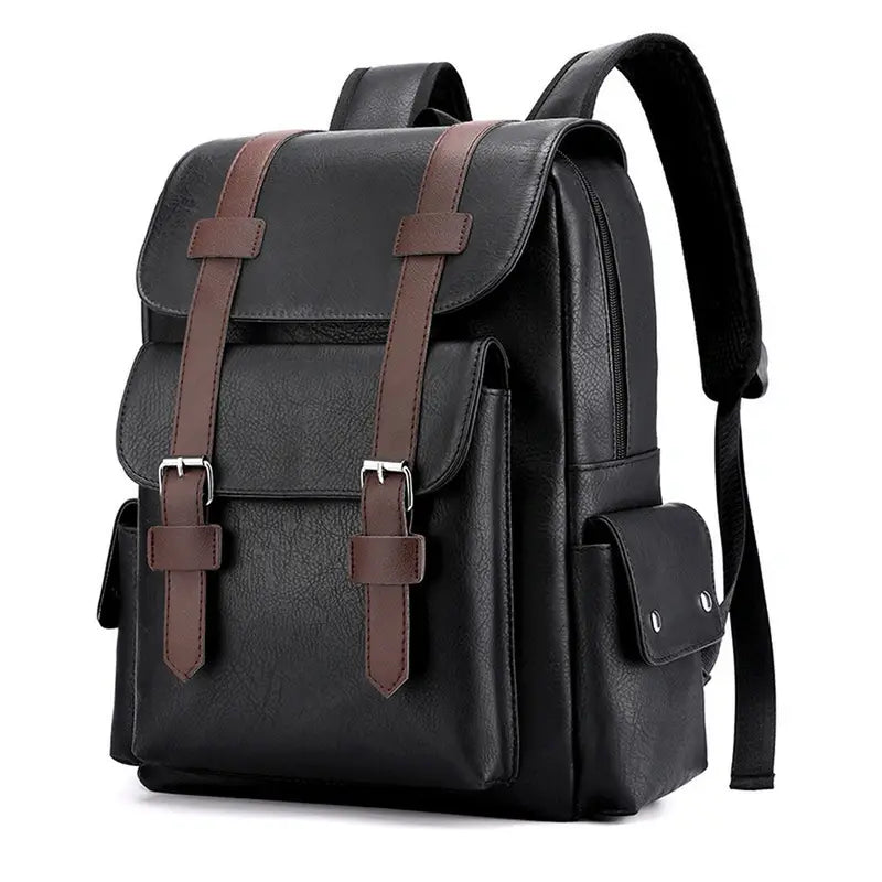 Sac à dos en cuir noir pour ordinateur avec accents en cuir marron et boucles