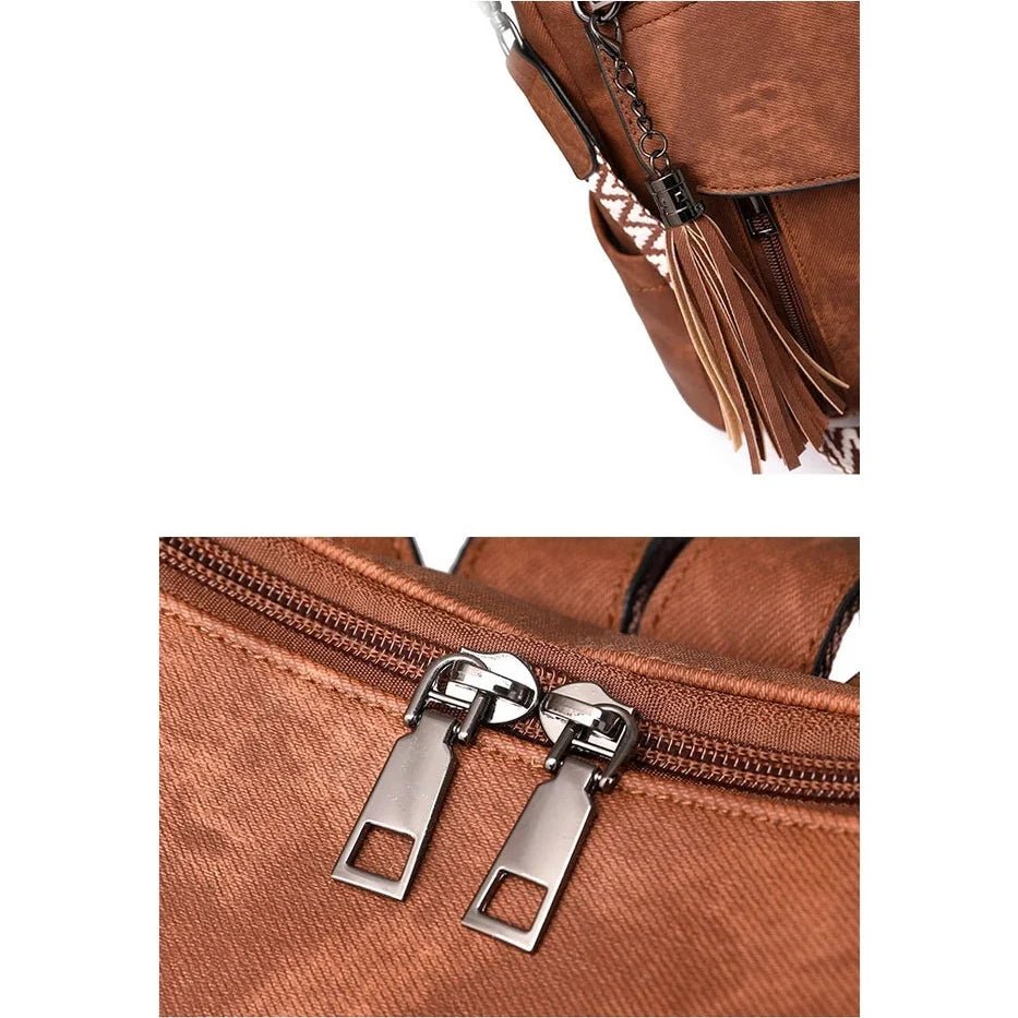 Sac à dos en cuir végétal avec bijou en cuir, tassel décoratif et double fermeture éclair