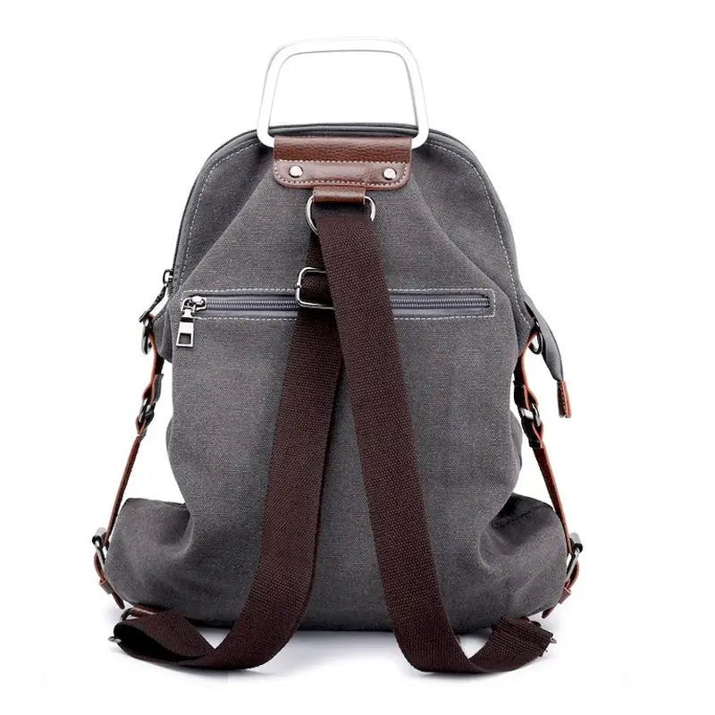 Sac à dos en tissu minimaliste gris foncé avec bretelles marron et poignée en argent