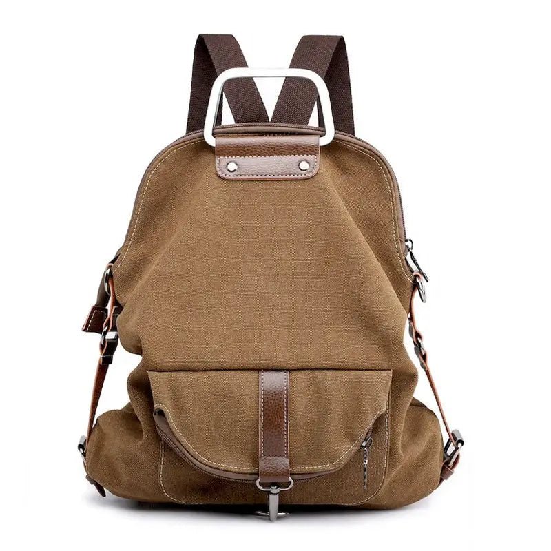Sac à dos en tissu minimaliste avec accents en cuir marron et poignée en argent
