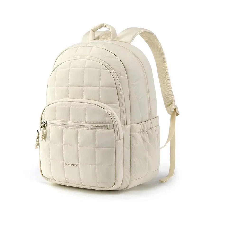 Sac à dos en tissu multi-compartiments avec rembourrage crème, poche avant et bretelles réglables