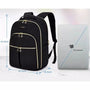 Sac à dos en tissus femme noir avec zips et trim dorés, adapté pour un ordinateur portable 15,6 pouces