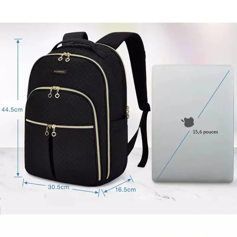 Sac à dos en tissus femme noir avec zips et trim dorés, adapté pour un ordinateur portable 15,6 pouces