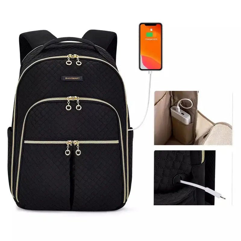 Sac à dos en tissus femme noir avec quilting, zippers dorés et port de charge USB intégré