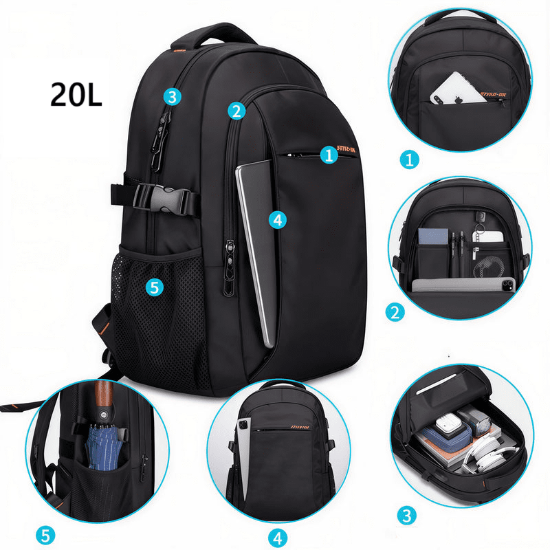 Sac à dos ergonomique d’école Style HK noir avec compartiments pour ordinateur et tablette