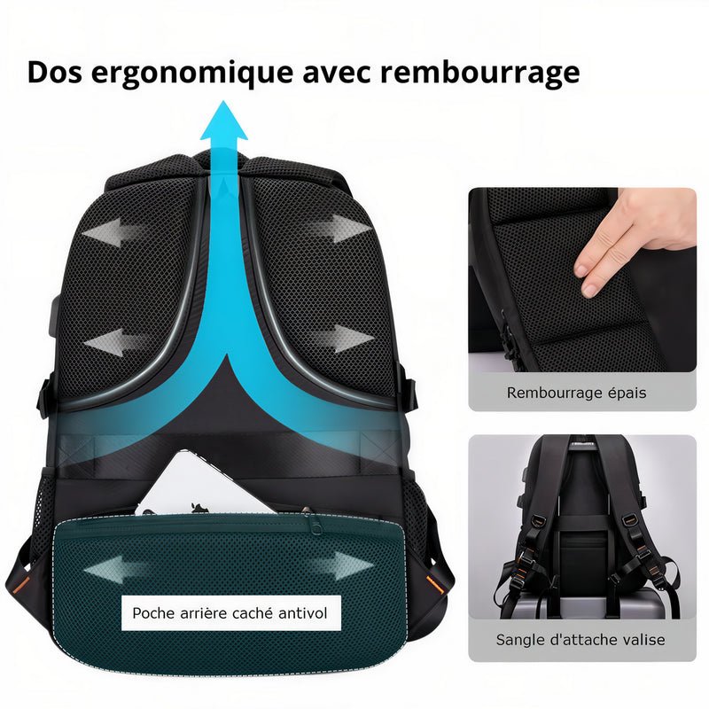 Sac à dos ergonomique d’école Style HK noir avec rembourrage, poche anti-vol et sangle à roulettes
