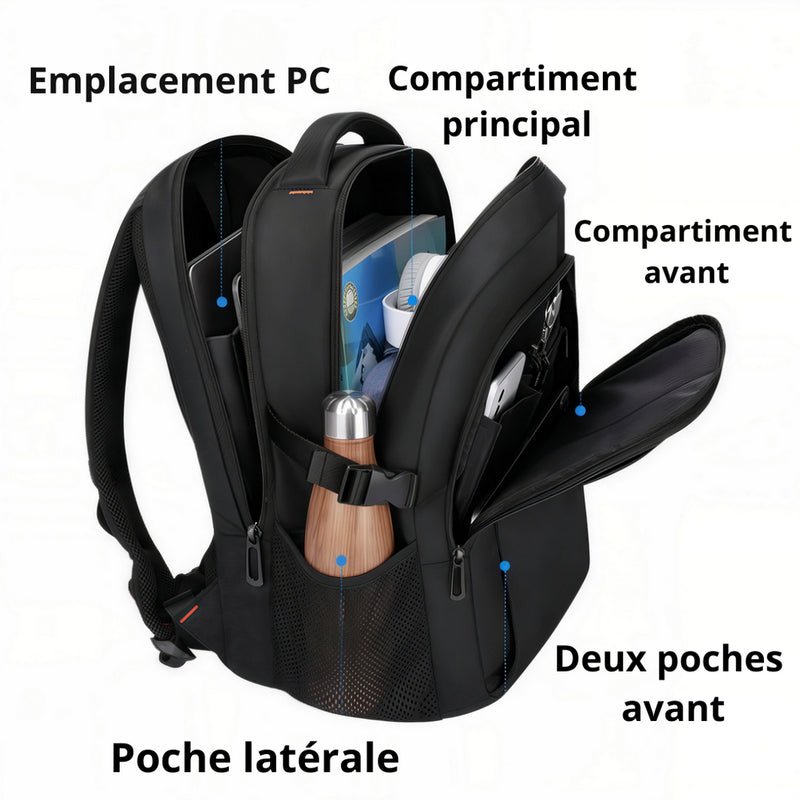 Sac à dos ergonomique d’école Style HK noir avec multiples compartiments pour l’organisation