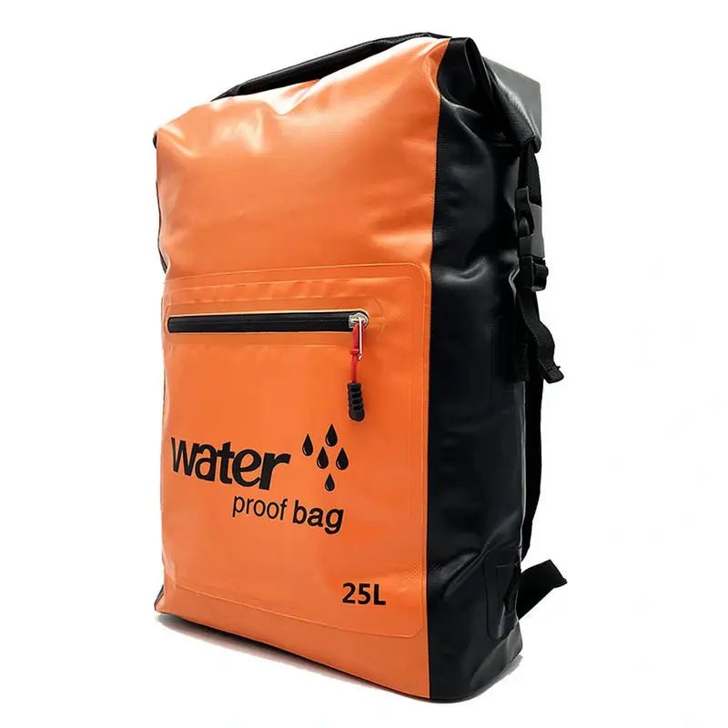 Sac à dos étanche 25l orange et noir avec fermeture étanche et poche zippée frontale