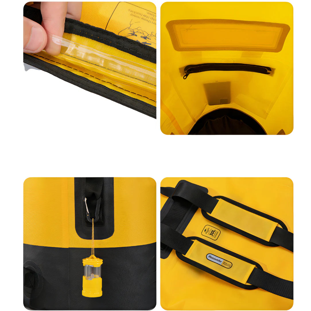 Sac à dos étanche 40L jaune et noir avec lanterne