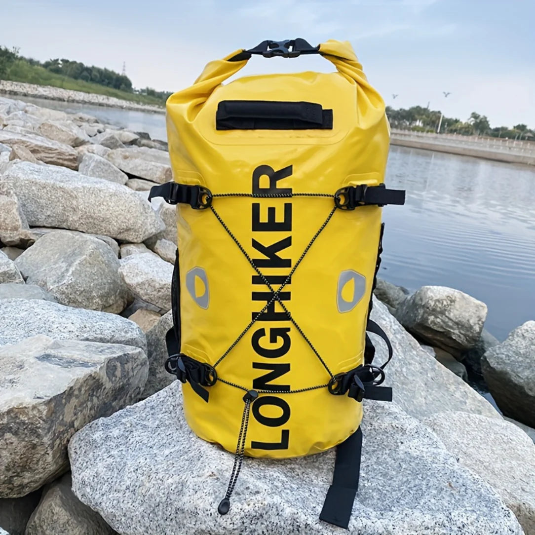 Sac à dos étanche de trail 30L jaune vif avec sangles noires et branding longhiker