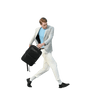 Homme avec veste claire, chemise bleue et pantalon blanc portant un sac à dos StellarFlex