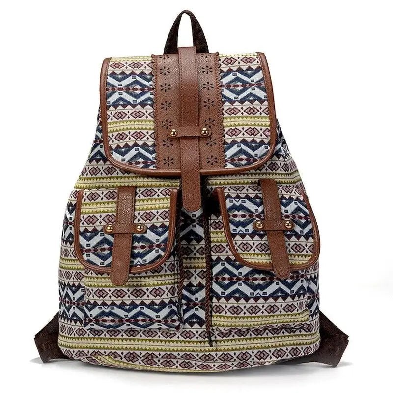 Sac à dos femme en toile imprimée avec motif géométrique, accents en faux cuir brun