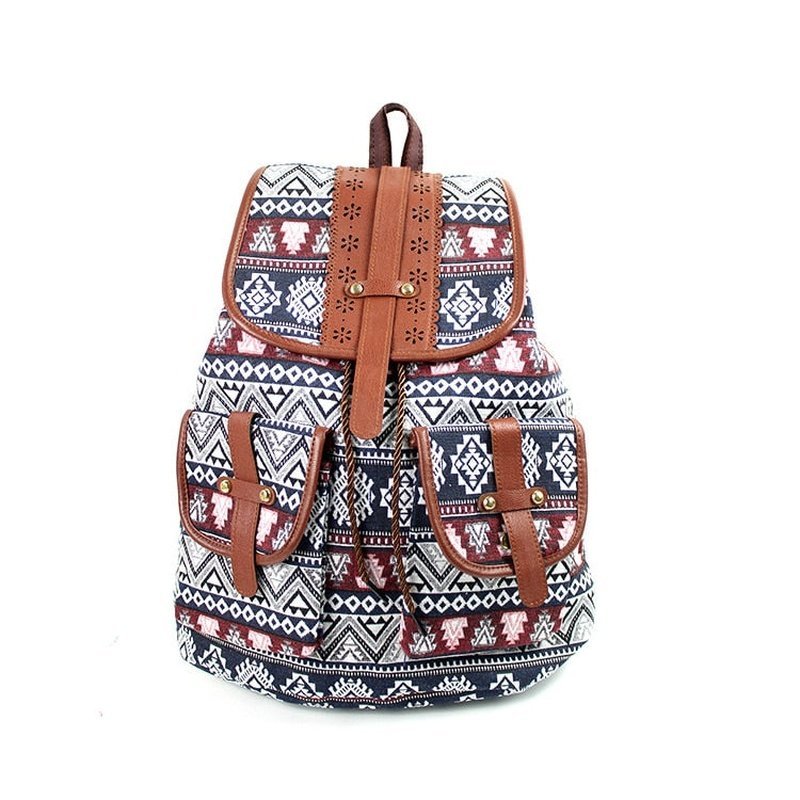Sac à dos femme en toile imprimée avec motif tribal, bretelles en faux cuir marron
