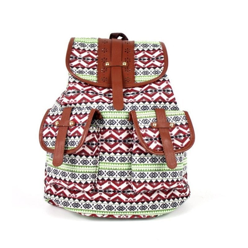Sac à dos femme en toile imprimée avec bretelles en faux cuir marron et boucle