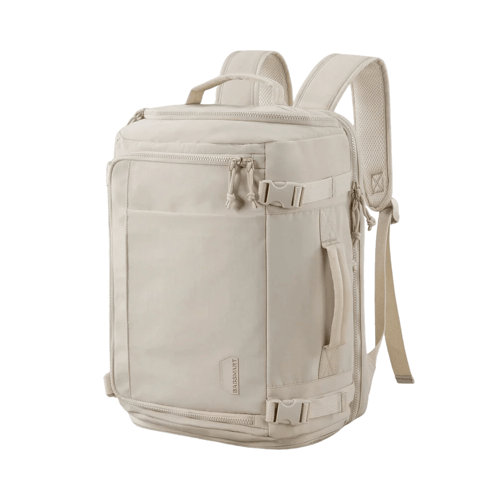Sac à dos femme voyage cabine beige avec plusieurs compartiments et bretelles ajustables
