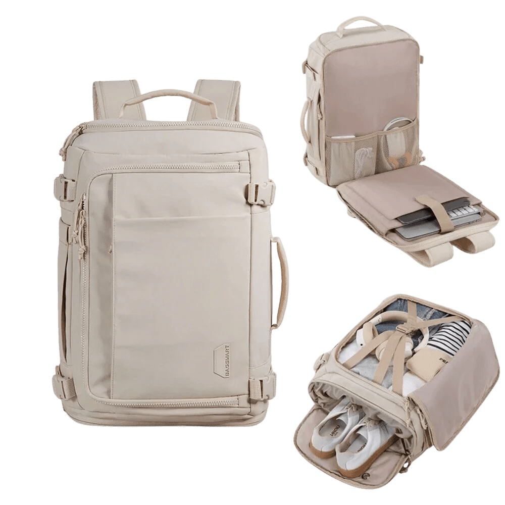 Sac à dos femme voyage cabine beige avec plusieurs compartiments pour vêtements, chaussures et électronique