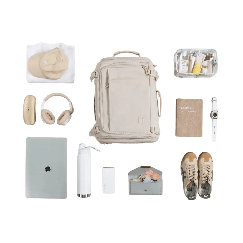 Sac à dos femme voyage cabine beige avec plusieurs compartiments et sangles