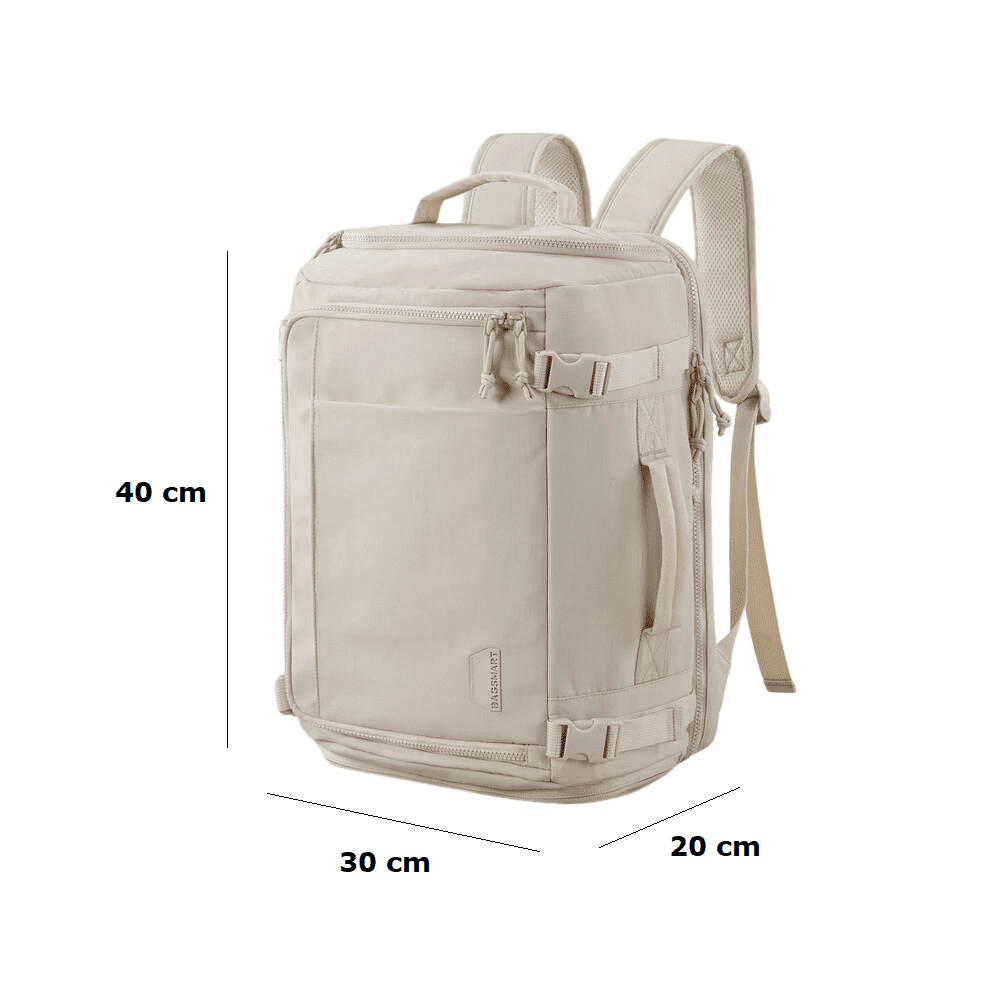 Sac à dos femme voyage cabine beige avec compartiments zippés et bretelles ajustables
