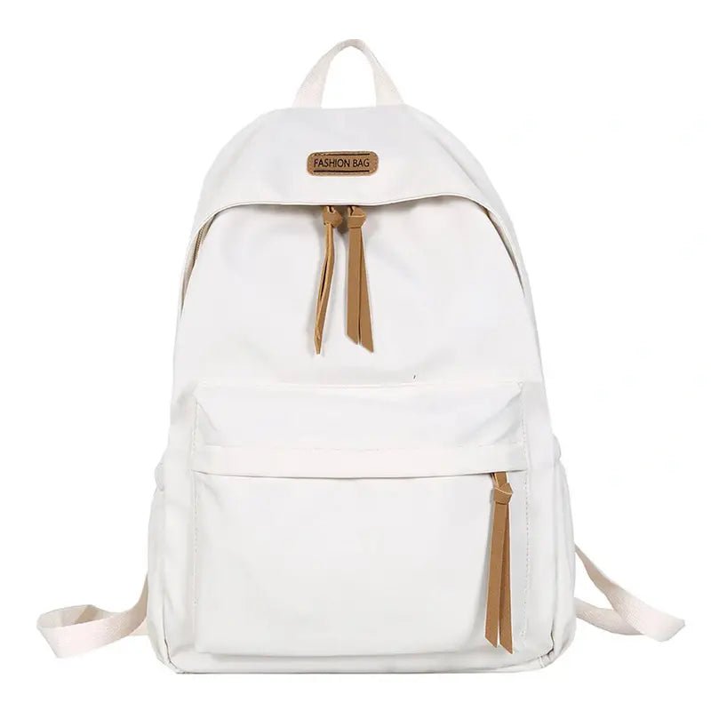 Sac à dos fille collège blanc avec zips en faux cuir marron et étiquette FASHION BAG