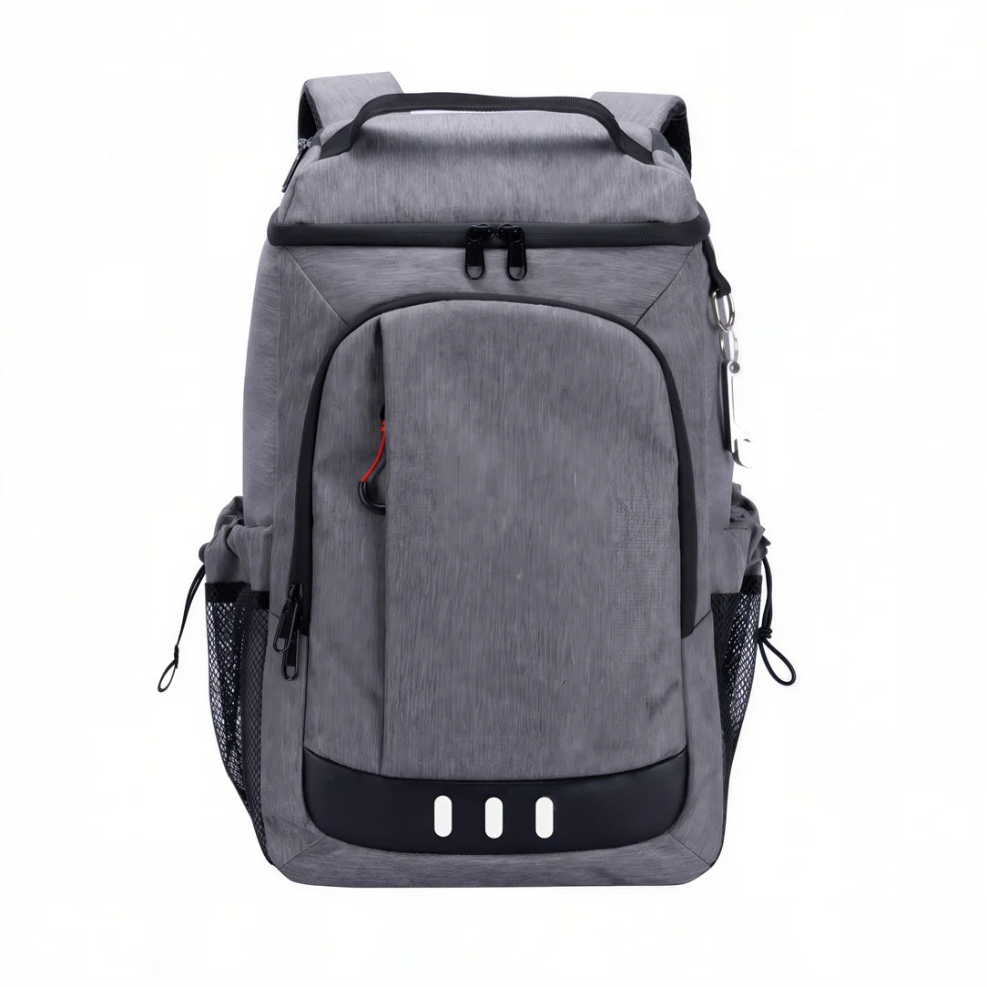 Sac à dos glacière 24L gris avec plusieurs compartiments, poches latérales en mesh et bandes réfléchissantes