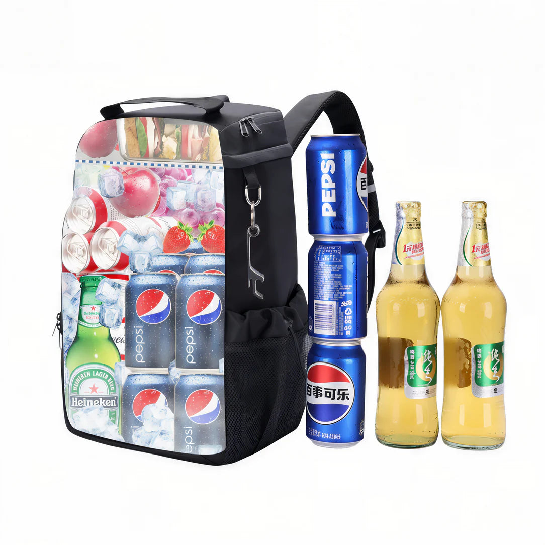 Sac à dos glacière 24L noir avec panneau imprimé et porte-clés décapsuleur