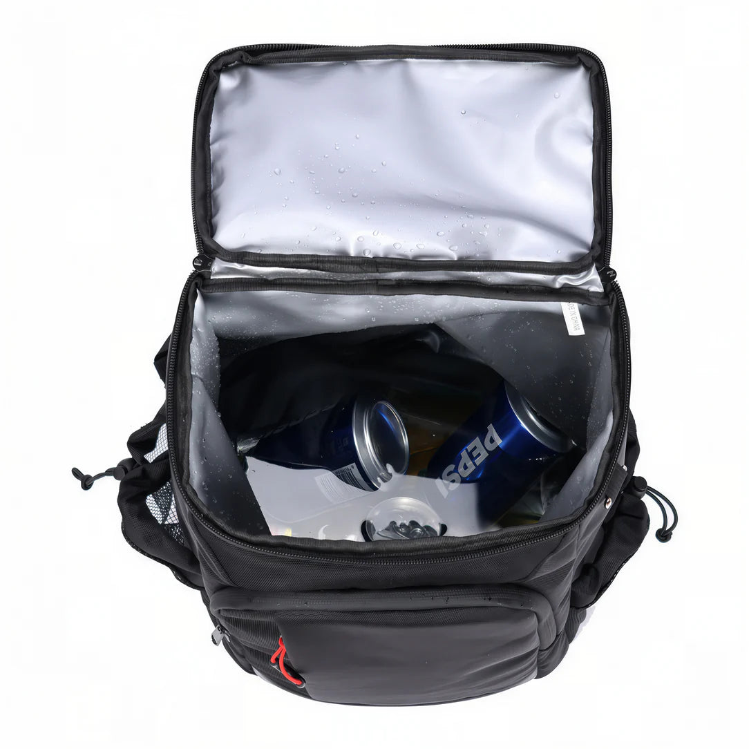 Sac à dos glacière 24L noir isolé avec compartiment ouvert contenant deux canettes