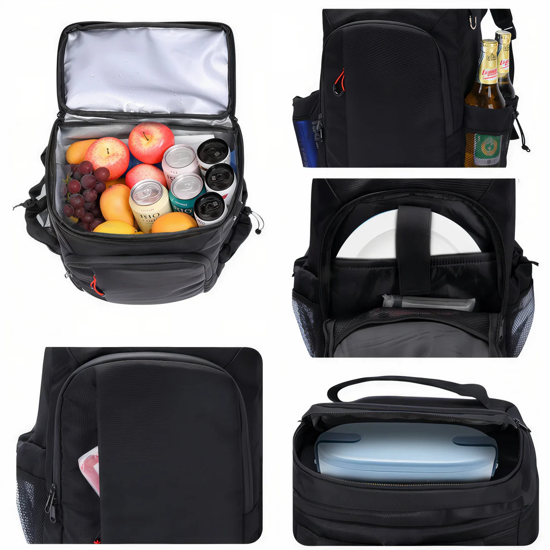 Sac à dos glacière 24L noir isolé avec plusieurs compartiments pour nourriture et boissons