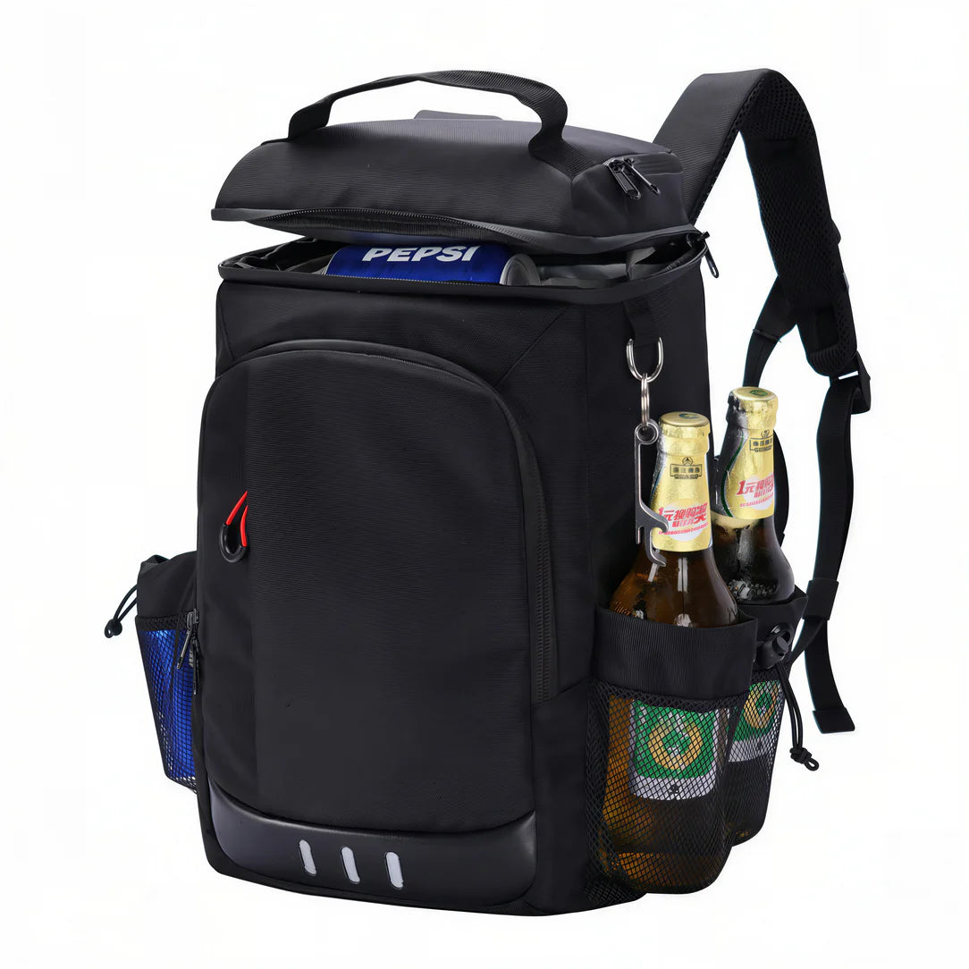 Sac à dos glacière 24L noir isolé avec plusieurs compartiments et porte-bouteilles