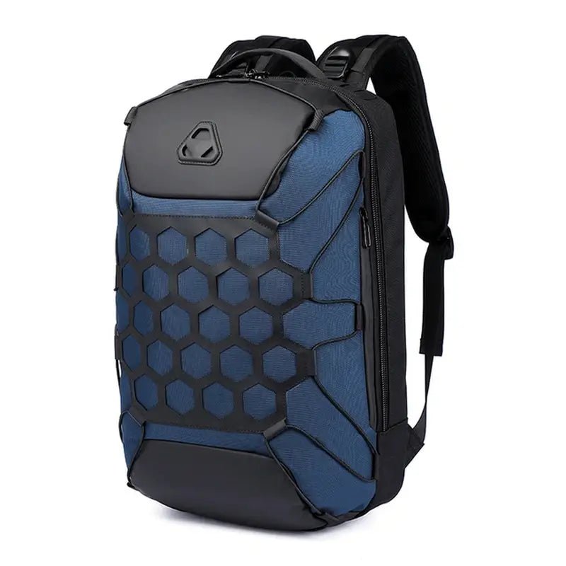 Sac à dos grande ouverture moderne bleu et noir avec motif hexagonal sur le devant