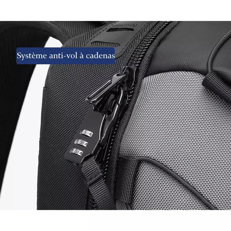 Sac à dos grande ouverture noir avec serrure combinée intégrée pour sécurité anti-vol